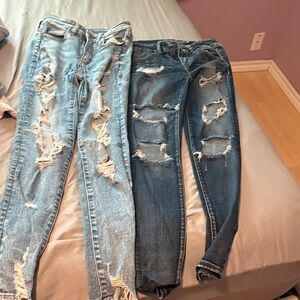 American Eagle Outfitters Distressed Light Blue & Dark Blue Skinny Jeans - Pair